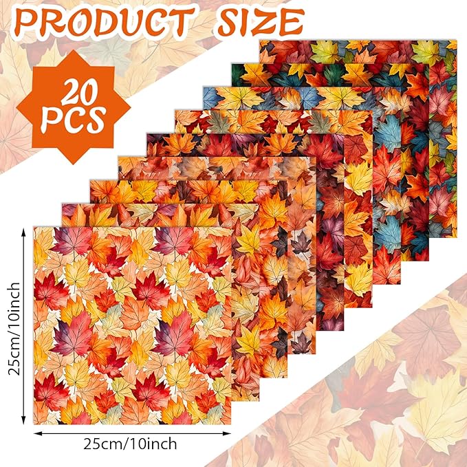 HunnmingRe 20 Pcs 10''x10'' Fall Maple Leaf Quilting Fabric Square Thanksgiving Maple Leaf Quiltted Fabric Bundle Multicolor Precuts Printed Patchwork Supplies for Autumn Harvest DIY Sewing Craft