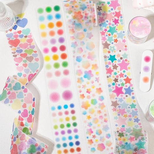 Colorful Gradient Heart Circle Flower Star PET Tape Stickers For Journaling Pre Cut Hearts Circles Stars Flowers PET Washi Tape Set Junk Journal Decorative Floral Circular Stickers Scrapbook Supplies