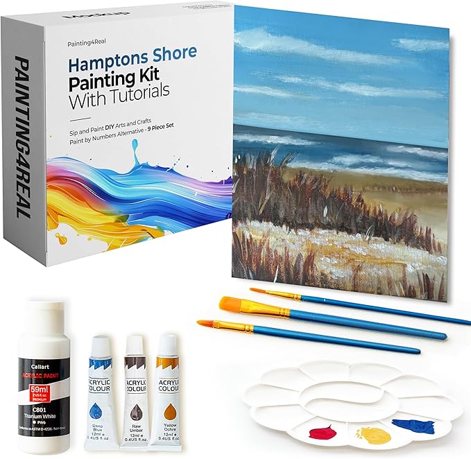 Painting4Real DIY Art Painting Kit for Adults – Learn to Paint Hamptons Shore with Video Tutorials – 9 Pieces Acrylic Paint Set for Adults –Perfect Christmas Crafts & Holiday Gifts for Art Lovers