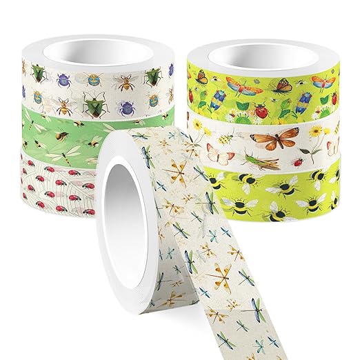 12 Pcs Insect Washi Tapes Set Ladybug Bees Dragonflies Butterflies Flowers Pattern Masking Tape Insect Themed Decorative Tape Insect Printed Decorative for DIY, Planner, Scrapbooking, and Party Decor
