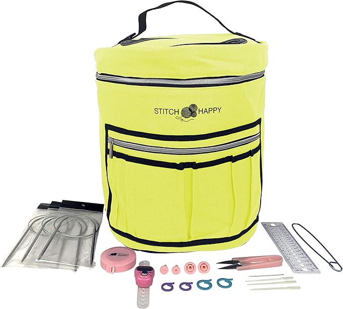 Stitch Happy Designer Knitting Starter Kit: 20 Piece Knitting Kit for Beginners & 7 Pocket Yarn Bag, Signature Yarn Storage - Sunshine Yellow