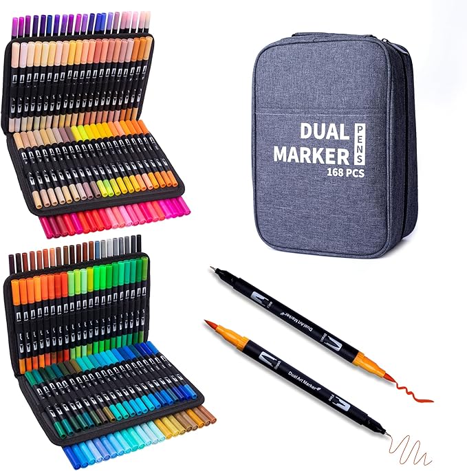 Dual Markers Brush Pens, 168 Colors Art Marker Set with Brush and Fine Tips – Premium Art Supplies for Adults, Perfect for Coloring Books, Hand Lettering, Calligraphy, and Drawing