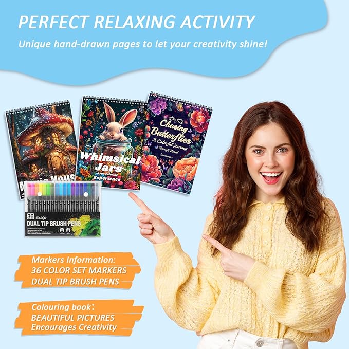 3Pcs Adult Coloring Book for Women Relaxation, Spiral Bound Adult Coloring Books for Women with 36 Markers, 36 Dual Tip Colors Markers, Mindfulness Gifts - 72 Patterns