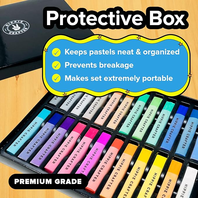 HIPPIE CRAFTER Art Supplies Set of 24 Soft Chalk Pastels, Non-Toxic, Oil-Free, Assorted Colors, Blendable, for Adults, Includes Storage Case