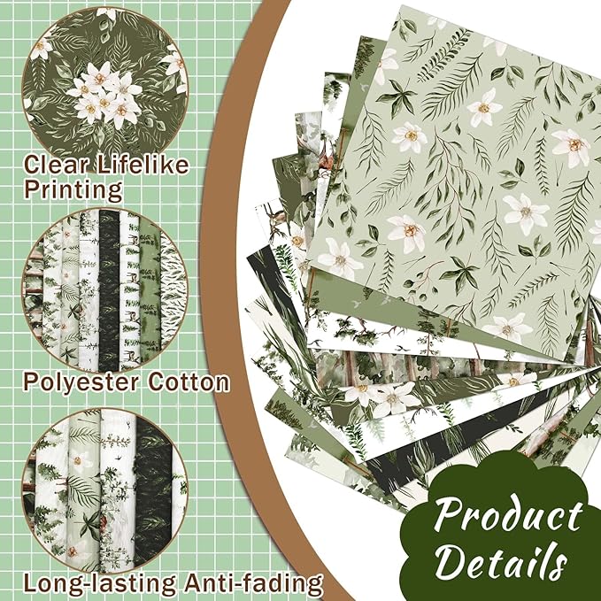 Hahafelt 10 Pcs Watercolor Forest Quilt Fabric Bundles 18 x 22 Inch Vintage Green Christmas Tree Flower Deer Fat Quarter Xmas Rustic Quilting Patchwork for DIY Handmade Sewing Crafting