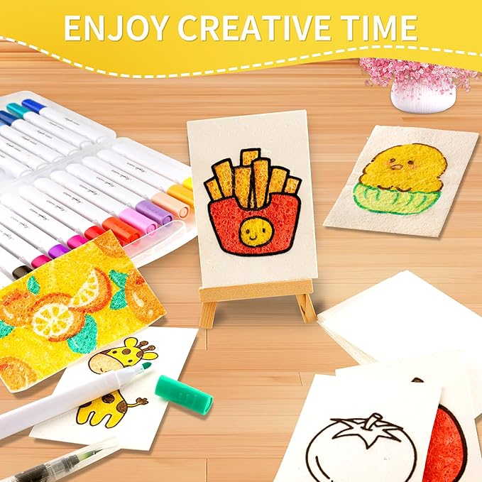 Magic 3D Foam Texture Painting Kit - 51 Pcs Puffy Paint Drawing Sponge Paper Kids Art Kit - DIY Popcorn Textured Magical Canvas Puff Paint Kid Craft Set - 24 Water Color Acrylic Marker Pens Kid Gifts