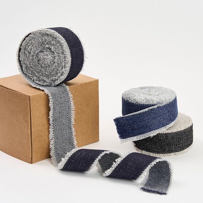Pretty Jolly Dark Blue Denim Ribbon for Crafts Handmade Rustic Frayed Cotton Jean Fabric Ribbon for Flower Bouquet 15 Yards 1 Inch Cloth Ribbons for Gift Wrapping Hair Sewing Accessories Holiday Decor