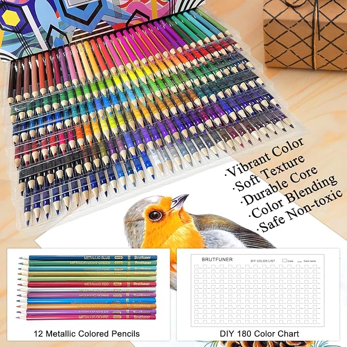 LBW 180 Colored Pencils for Adult Coloring Books, 12 Metallic Pencil, Oil Based Soft Core Professional Color Pencils for Artists Beginners, Drawing Coloring Sketching Blending