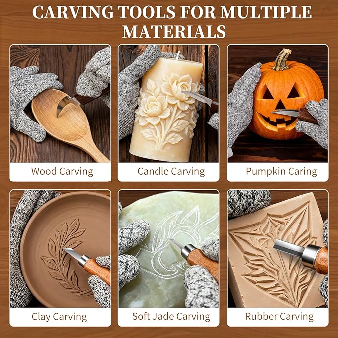 YOYUPETA Wood Carving Kit, 30-Piece Professional Whittling & Carving Tool Set with Walnut Handle Knives, Detail Gouges, Sharpening Stone, Strop & Cut-Resistant Gloves for Adult Hobbyists and Craft Use