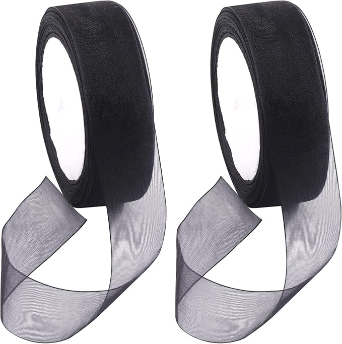 Swpeet 2 Rolls 50 Yards x 1 Inch Black Shimmer Sheer Fabric Ribbons Organza Ribbon, Transparent Sheer Ribbon Chiffon Fabric Ribbons for Bouquets Wedding Birthday Decoration