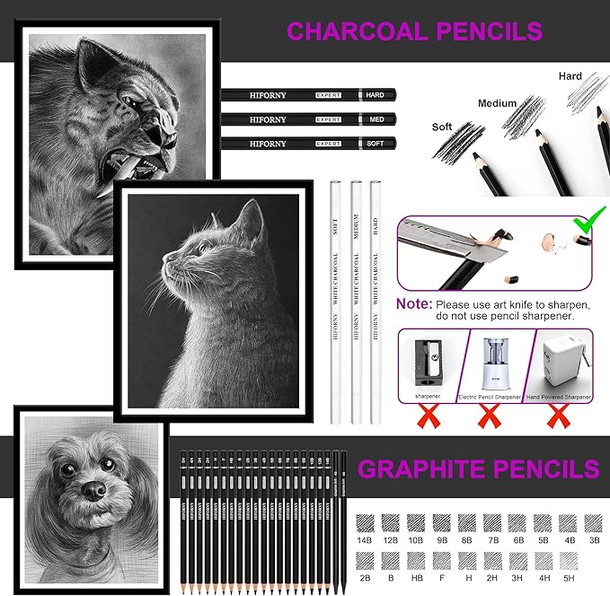 HIFORNY 70 Pcs Drawing Set Sketching Kit - Sketch Pencils Art Supplies for Adults Artists Kids with 3-Color Sketchbook,Graphite,Pastel,Charcoal Pencils,Blending Tools