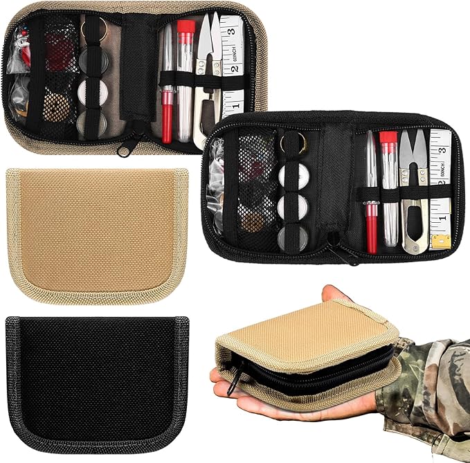 Suncalla Military Survival Sewing Kit Tactical with Buttons Durable Nylon Portable Small Sewing Kit for Men Women Complete Thread Needle Repair Tools for Travel Field Emergency(Black Brown,2)