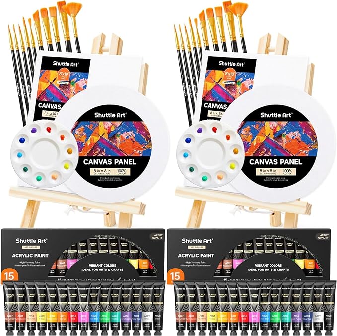 Shuttle Art 58 Pack Acrylic Paint Set, Painting Kit with 2 Pack of 15 Colors Acrylic Paint, 2 Sets of Wooden Easels, Canvas, Brushes & Palettes, Art Painting Supplies Kit for Adults Kids Beginner