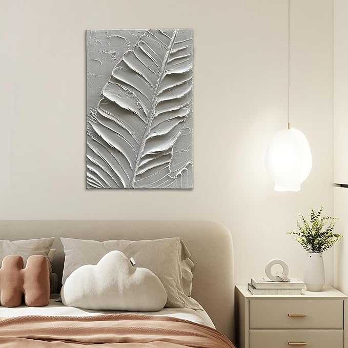 Art Hand-Painted Modern Minimalist Abstract Art Featuring White Leaf Texture - Oil Painting for Home Office Corridor Wall Decoration. 36x24 inches