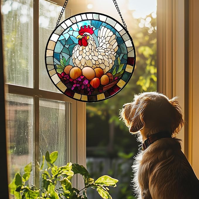Stained Glass Window Hanging White Chicken Hatching Eggs 6.3" - Suncatcher Door Garden Sunroom Sun Catcher Home Decor Birthday Christmas for Mom Men Woman Nana