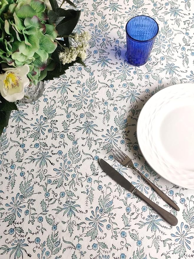ATOSII Aster Blue 100% Cotton Rectangle Boho Fall Tablecloth, Handblock Floral Block Print Table Cloth Linen for Kitchen Dining I Parties Christmas New Year Gifting I 72 X 140 Inches I 12 Seater