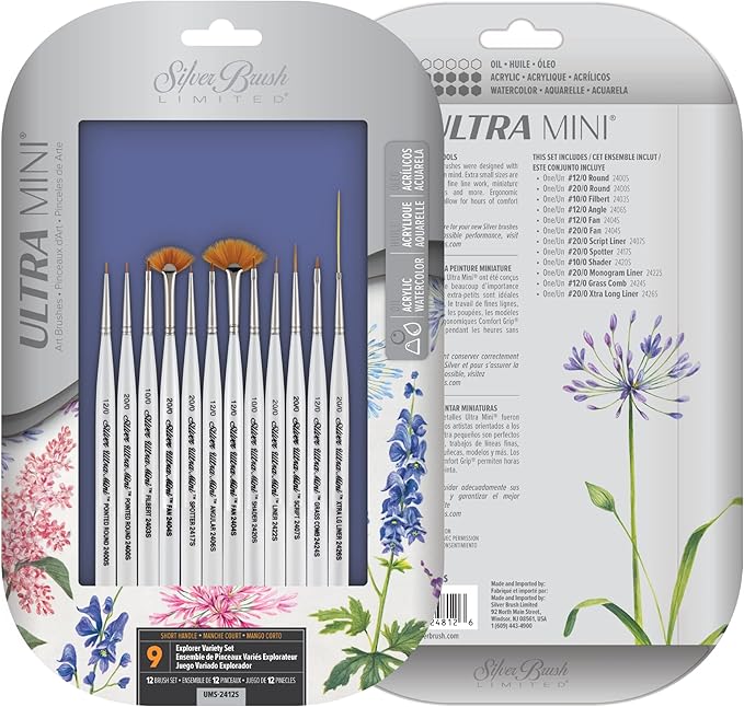 Silver Brush Limited UMS-2412S Ultra Mini Explorer Variety Set, Paintbrushes for Watercolor, Gouache, Inks, Dyes, Acrylic, & Heavy Body Paints, Set of 12, Short Handle