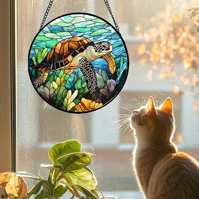 Stained Glass Window Hanging - Cute Sea Turtle Suncatcher for Door Garden Yard Blue Ocean Sun Catchers Decor Christmas Mother's Day Birthday Children's Gifts for Women Mom Nana Friend 7.8 in