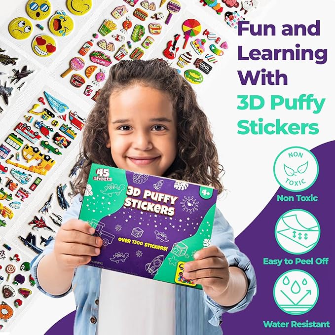 Puffy Stickers for Kids 45 Sheets - 3D Puffy Sheets - 1300+ Kids Stickers - Perfect for Party Bag Fillers, Sticker for Scrapbooking, Fun with Sticker of Cars, Letters, Numbers, Dinosaur, Stars & More