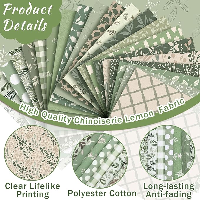 HunnmingRe 20 Pcs 10''x10'' Sage Green Quilting Fabric Square Vintage Sage Floral Quiltted Fabric Bundle Retro Green Precuts Printed Patchwork Supplies for Holiday DIY Sewing Craft