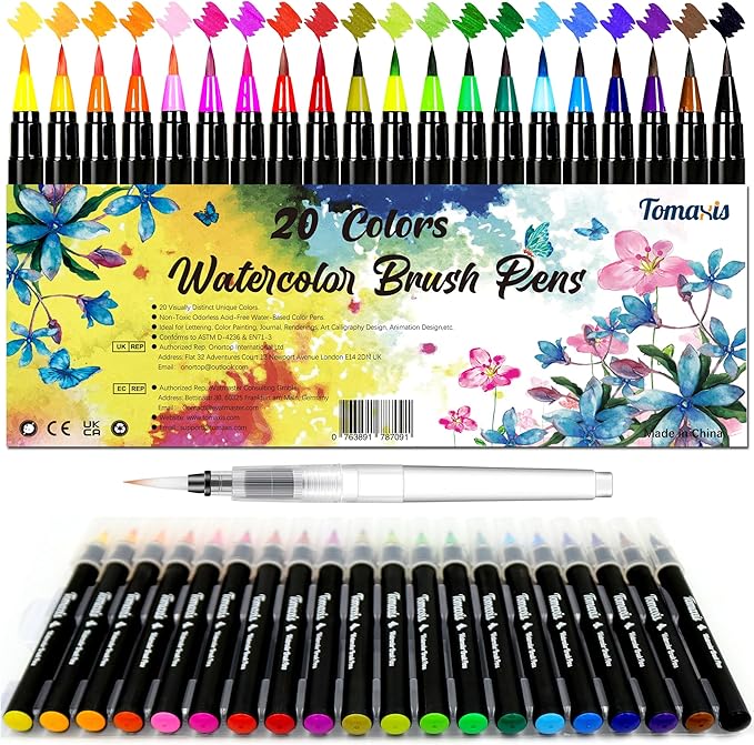 Watercolor Brush Pens Art Markers, Art Supplies 20Pcs Brush Marker Pens Colored Pens Script Paintbrush for Calligraphy with 1 Water Colouring Paintbrush Felt Tip Pen