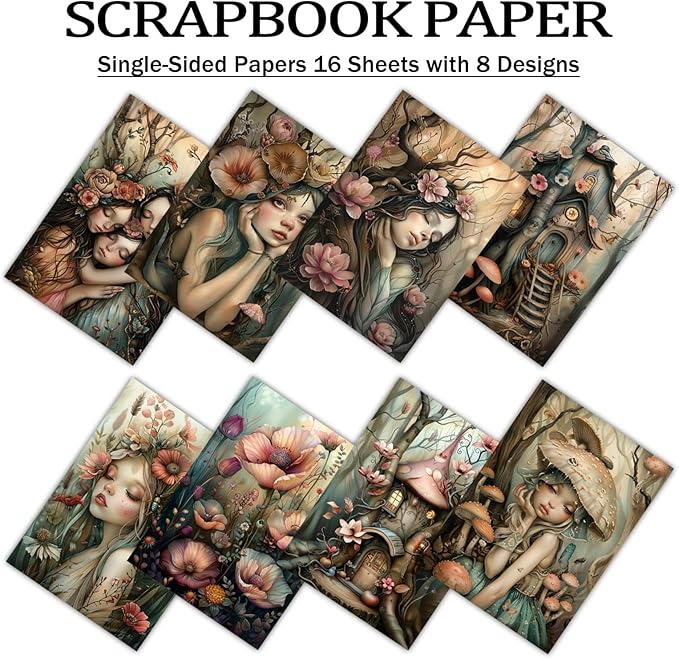 Scrapbook Paper,16 Sheets 4.1x5.8 Inch Forest Fairy Style Scrapbook Paper,Single-Sided Vibrant Origami Decoupage Papers for Diy Crafts, Card Making, Art Journaling