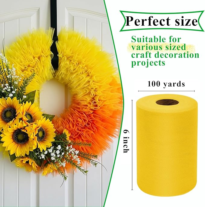 Vibrant Yellow Tulle Fabric Rolls 6 Inch by 100 Yards (300 feet) Fabric Spool Tulle Ribbon for DIY Halloween Tutu Bow Baby Shower Birthday Party Wedding Decorations Christmas Craft Supplies