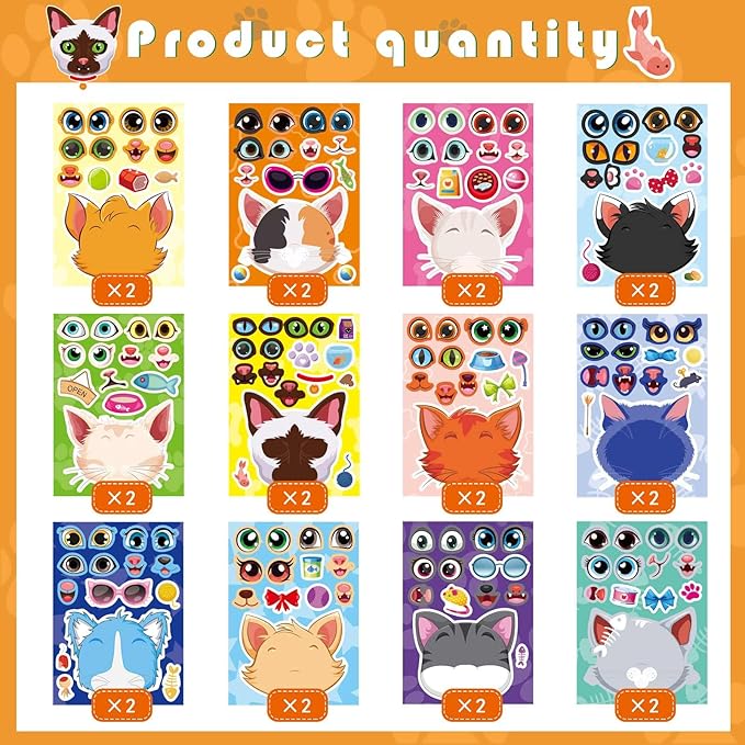 24 Sheets Cats Stickers for Kids, Make a Cat Face Stickers, Make You Own Cats Stickers Animal Stickers for Kids, Birthday Gift Party Favors Supplies Teacher Art Craft, Games School Activity Reward