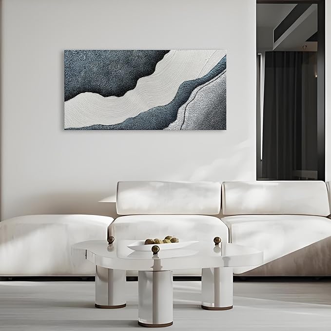 Art Hand-Painted Blue and White Textured Art Oil Painting Modern Abstract Canvas Art Deco 24x48 inches