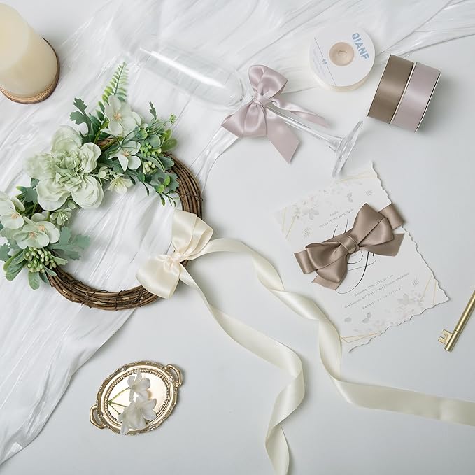 Champagne Double Face Satin Ribbon 1 Inch x 45 Yards Ivory Fabric Ribbon for Gift Wrapping, Flower Bouquets, Hair Bows Making, Wedding Decoration, Invitation Cards, Christmas (3 Rolls *15Yd)