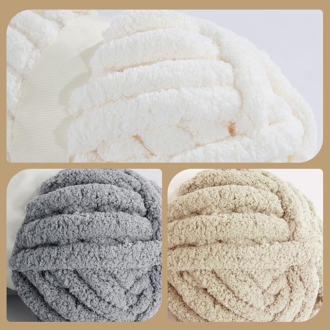 HOMBYS 12 Pack Chunky Yarn for Crocheting,Super Bulky Large Soft Fluffy Yarn,Plush Fuzzy Yarn,Thick Chenille Yarn for Hand Knitting/Arm Knitting,4 Cream,4 Light Grey,4 Khaki(Each 27yds,8 oz)