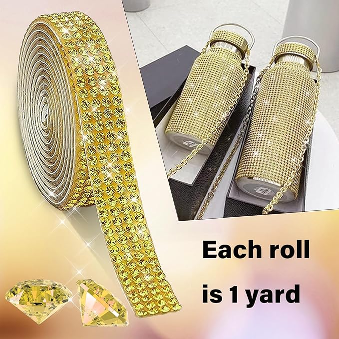 4 Rolls Self Adhesive Crystal Rhinestone Ribbon Diamond Bling Tape with 2 mm Rhinestones Strips Sticker for Arts Crafts Wedding Birthday Party DIY Event Car Phone Decoration (Gold)