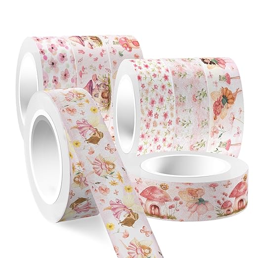 12 Rolls of Pink Fairy Washi Tape, Cute Elf Butterfly Mushroom Decorative Washi Masking Tape Paper Stickers for Journals, Planners, Scrapbooking, Party Decorative Tape, Crafts DIY