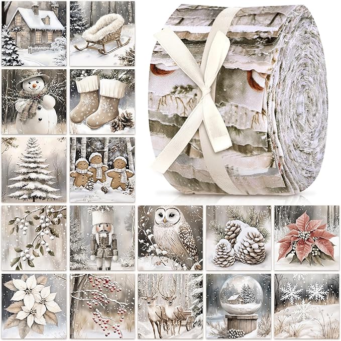Ganeen 100 Pcs Beige Winter Quilting Fabric Roll Neutral Christmas 2.56 Inch Fabric Strips Jelly Patchwork Reindeer Snowman Nutcracker Precut Square Bundle for Xmas Handmade Material Craft DIY Sewing