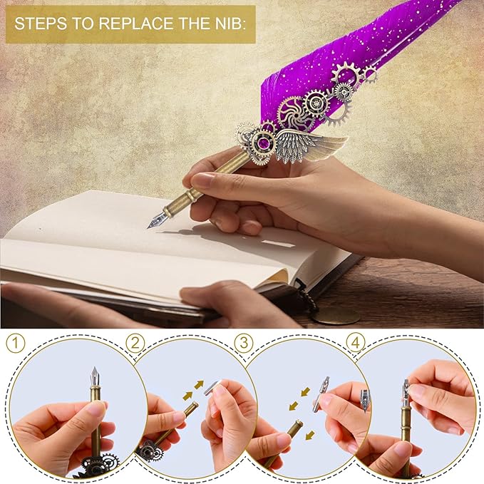 NC Quill Pen Set, Feather Pen With 5 Ink Bottles and 6 Replaceable Nibs, 1 Mechanical Quill, Calligraphy Pen for Writing, Letters, Diary, Signing, Invitation (Purple)