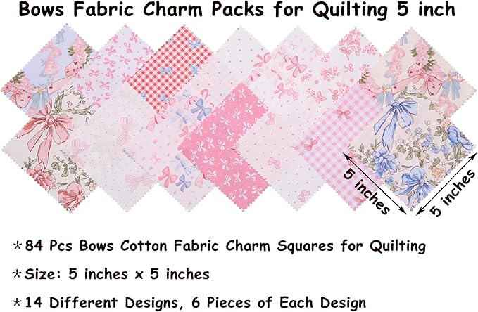 Hanjunzhao Blue Pink Bow Fabric Charm Packs for Quilting 5 inch - 84 5" Charm Squares - Cotton Fabric Quilt Squares 5x5 for Quilting, Sewing, DIY Bowknot, Hair Accessories, Holiday Party Decor, Bows