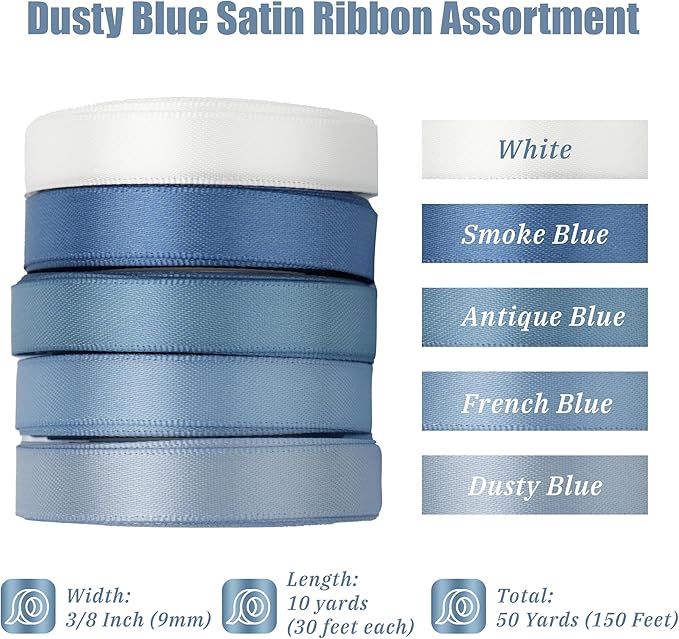 French Blue Ribbon 3/8 Inch Thin Dusty Blue Satin Ribbon 5 Rolls Assortment for Wedding Baby Shower Invitation Card Gift Wrapping Crafts - 50Yards