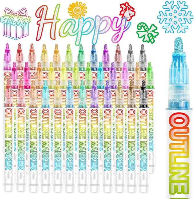 Shimmer Markers Glitter Outline Markers, 36 Colors Double Line Self-Outline Metallic Marker for kids Arts Crafts Gifts for 4-12 Year Old Girls Drawing, Birthday Card, DIY Crafts