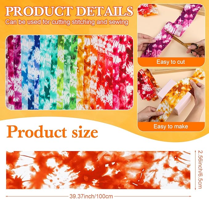 60 Pcs Christmas Quilting Fabric Roll 2.6 x 40" Cotton Fabric Strips Precut Jelly Patchwork for Craft Sewing(Tie Dye)