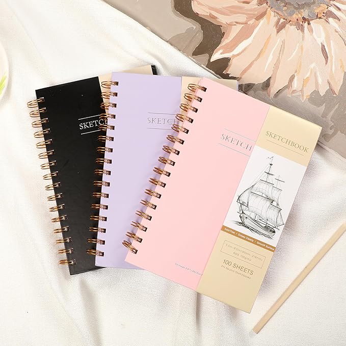 Yoment 2 Pack 5.5" x 8.5" Sketchbook for Drawing Small Spiral Bound Sketch Pad for Kids Hardcover Sketch Book(68lb/100gsm) Artist Drawing Blank Notebook for Painting with Pencil, Pink&Purple
