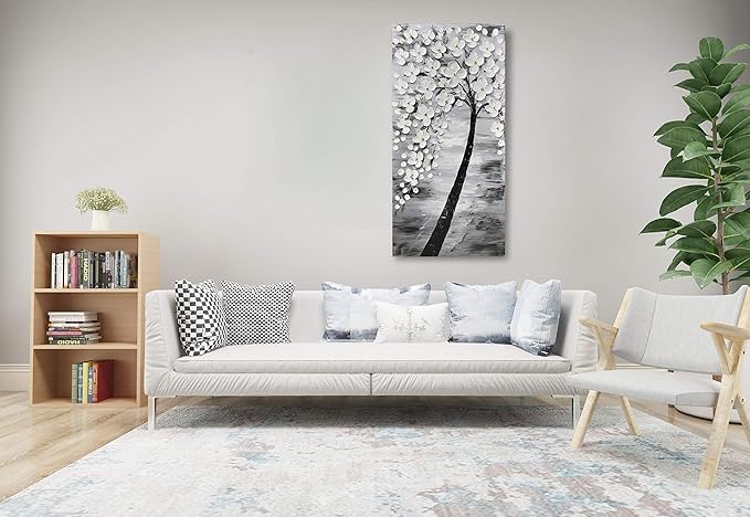 Yihui Arts 3D White Flower Canvas Wall Art Hand Painted Grey Paintings Vertical Artwork for Living Room Bedroom Hallway Decoration