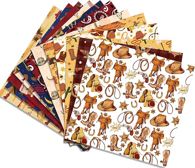 24 Sheets Western Cowboy Scrapbook Paper Pad Double-Sided Wild West Desert Cactus Rodeo Boots Patterned Decorative Craft Paper for Card Making Photo Album Journal DIY Craft, 11.8'' x 11.8''