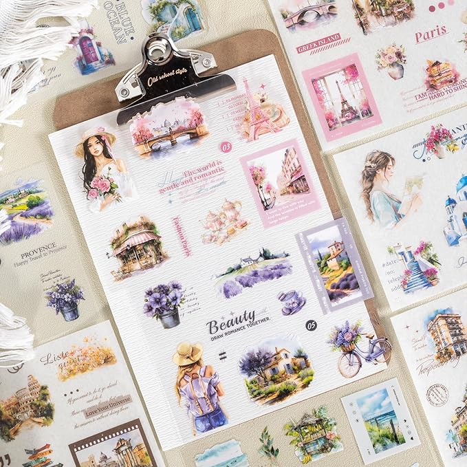 Travel-Themed Vintage Ephemera Sticker Book Set, 60 Pre-Cut PET & Washi Pages for Scrapbooking, Journaling, DIY Projects, and Art Supplies