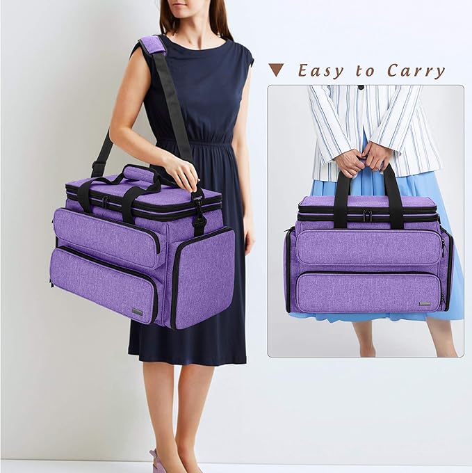 Yarwo Knitting Yarn Bag, Portable Crochet Storage Tote with Double Top Cover and Yarn Holes for Knitting Needles(Up to 14”), Unfinished Projects and Skeins of Yarn, Purple