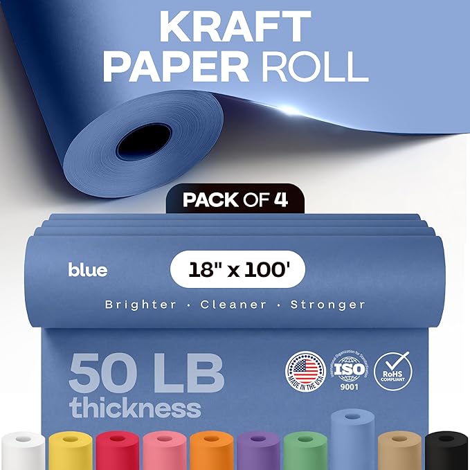 18" x 1200" (100 ft) Blue Kraft Paper Roll, Pack of 4 - USA-Made Quality Craft Paper for Gift Wrapping, Kids' Arts & Crafts, School Projects - 100% Recycled, 50 lb Natural Material by IDL Packaging
