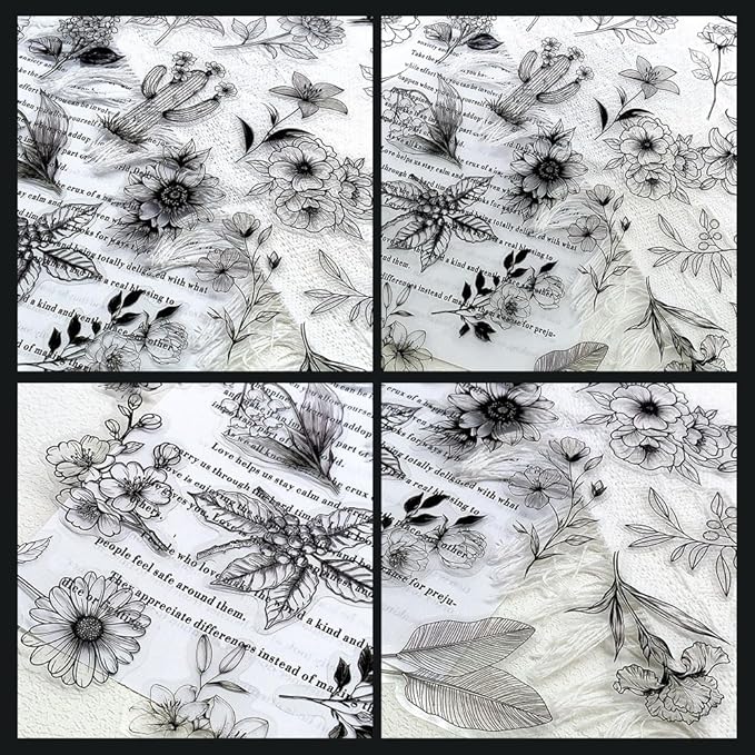 50Pcs Black Transparent Waterproof Plant Stickers for Scrapbooking, Journaling & Crafts – Floral & Botanical Decals for Resin Art Projects, Planners, Cards, Gifts