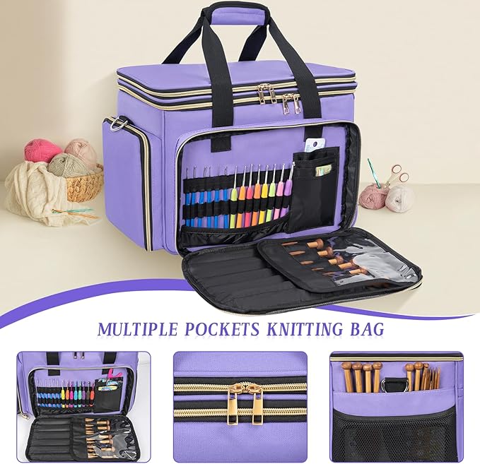 Knitting Bag Yarn Storage Tote, Large Crochet Organizer Bag, Yarn Holder Case for Knitting Needles, Knitting Project Bag with Inner Divider for Crochet Hooks, Knitting Accessories, Purple