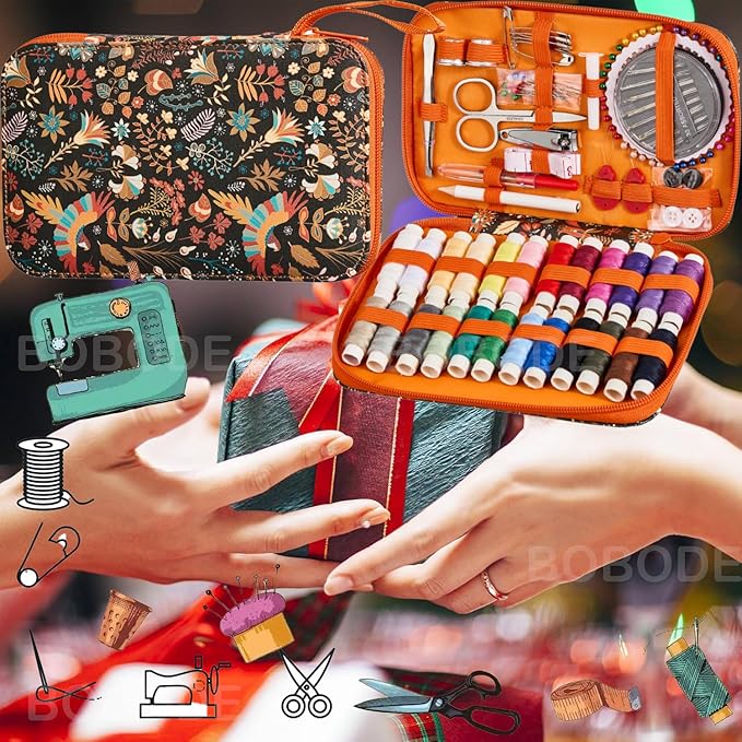 130 PCS Printing Sewing Kit with Sewing Supplies Accessory,Boho Pattern Sewing Set with Zipper Sewing Case, Professional PU Sewing Kit for Adults, Travel,Emergency, Home