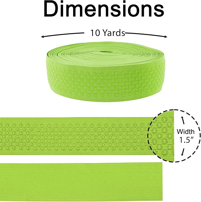 Mandala Crafts 1.5 Inch Elastic Silicone Gripper Tape for Clothing - 10 Yds Dotted Non Slip Elastic Band for Sewing - Lime Green Silicone Flat Fabric Stretchy Ribbon Straps