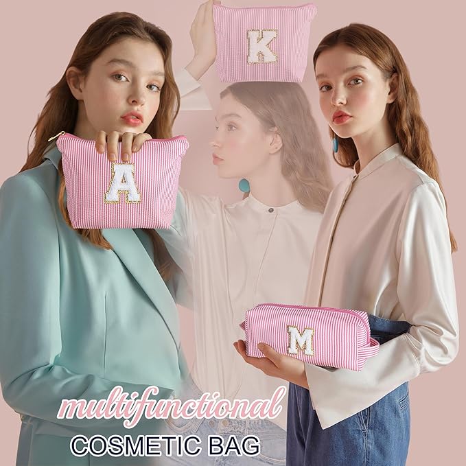 YOOLIFE Initial Makeup Bag Cosmetic Bag Birthday Gift for Women | Travel Toiletry Bags Girlfriend Teacher Gift 11 12 13 14 15 16 Years Old Girl Gifts Teen Girl Gifts Trendy Stuff Pink A